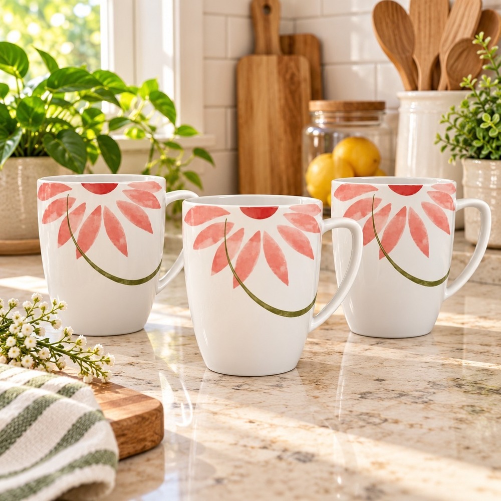 Corelle Pretty Pink Floral Coffee Cups 12 oz Set Of 3 Shabby Chic Cottagecore